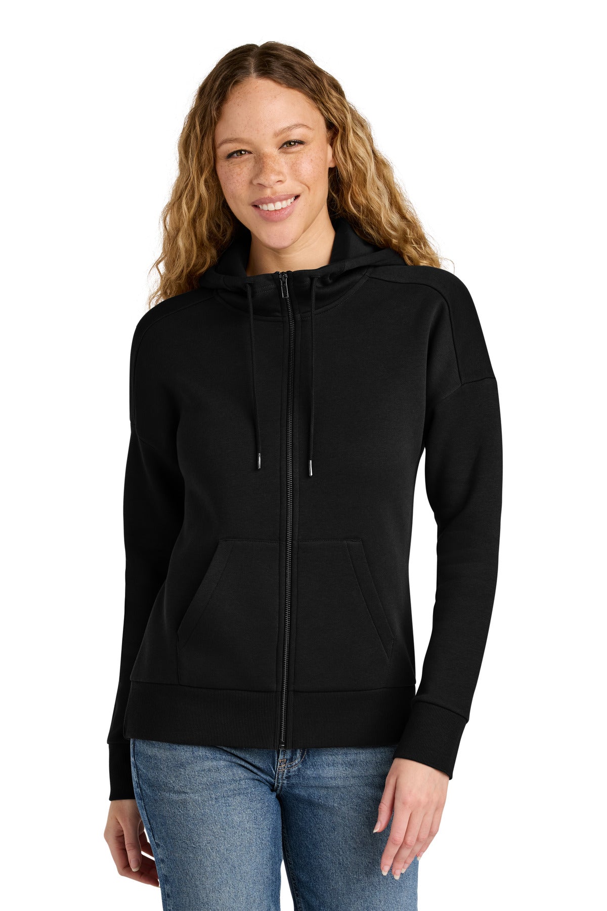 District Women's Perfect Weight Fleece Drop Shoulder Full-Zip Hoodie DT1104 Jet Black