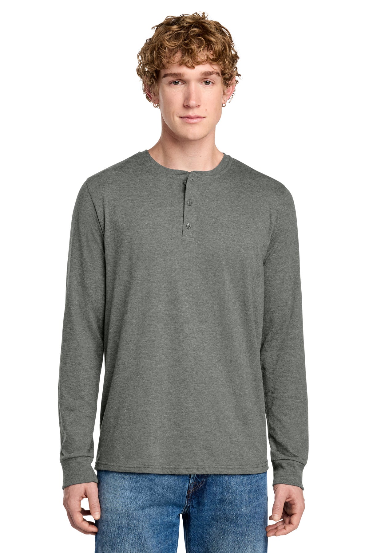 District Perfect Tri Long Sleeve Henley DT145 Heathered Charcoal