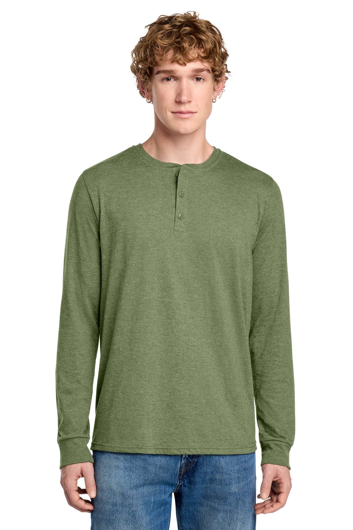 District Perfect Tri Long Sleeve Henley DT145 Military Green Frost