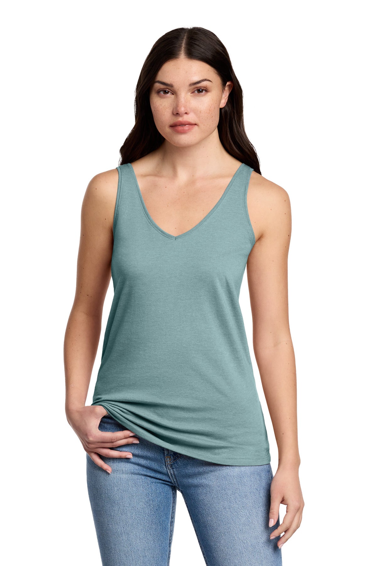 District Women's Perfect Blend CVC V-Neck Tank DT154 Heathered Eucalyptus Blue