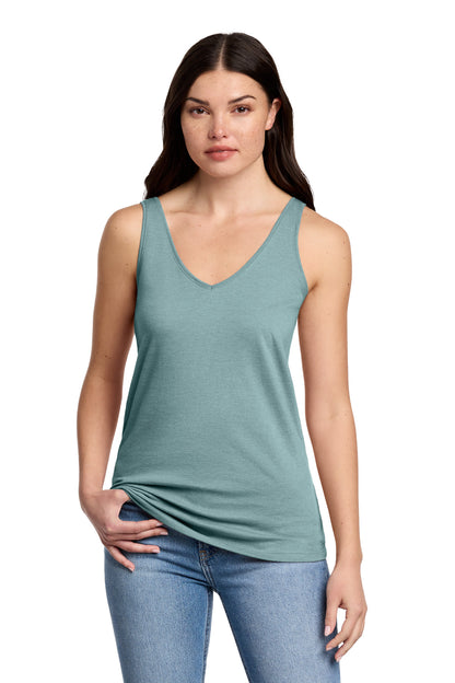 District Women's Perfect Blend CVC V-Neck Tank DT154 Heathered Eucalyptus Blue