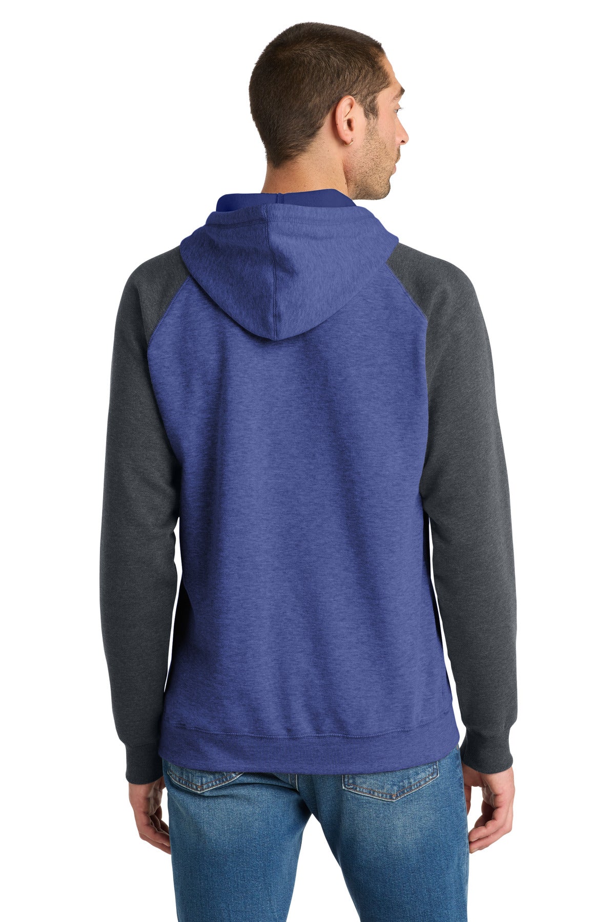 District Young Mens Lightweight Fleece Raglan Hoodie DT196 Heathered Deep Royal/ Heathered Charcoal