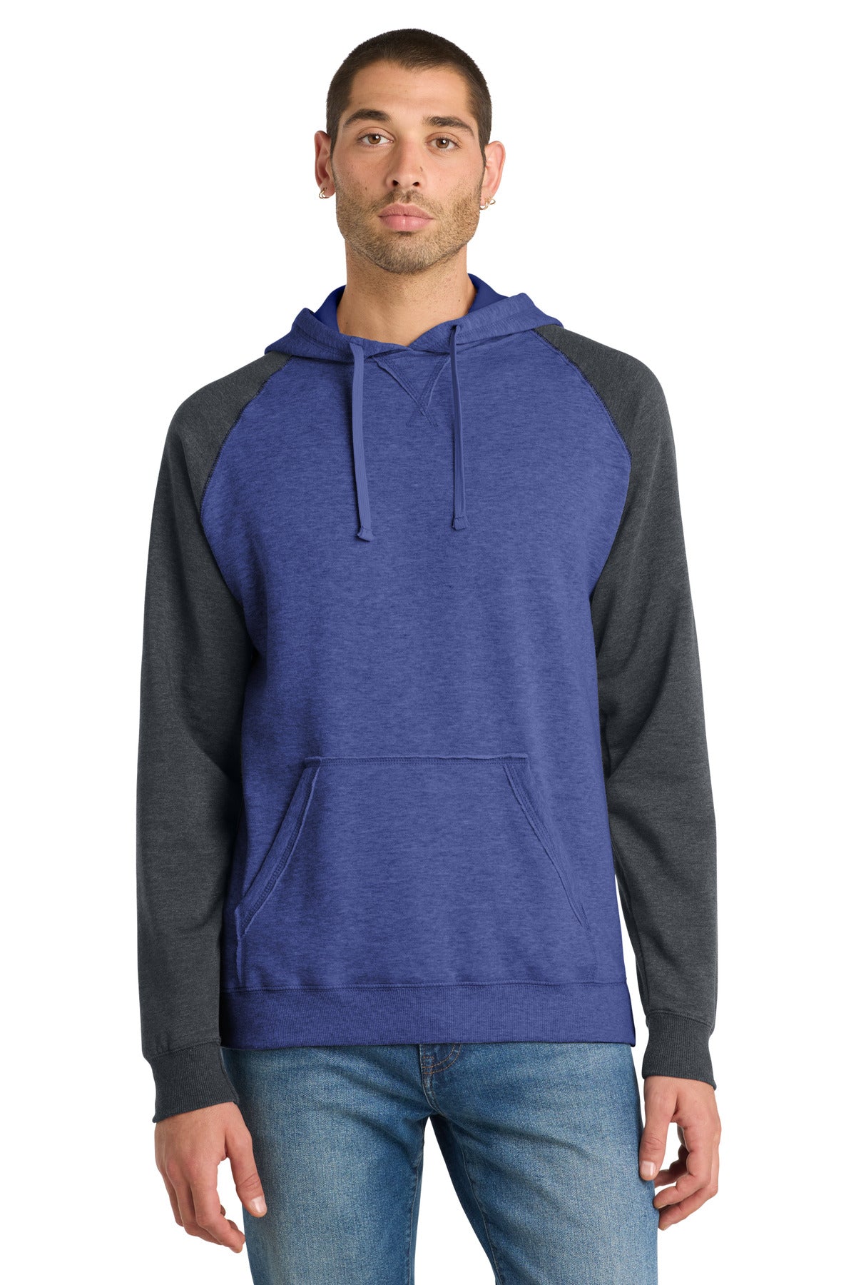 District Young Mens Lightweight Fleece Raglan Hoodie DT196 Heathered Deep Royal/ Heathered Charcoal