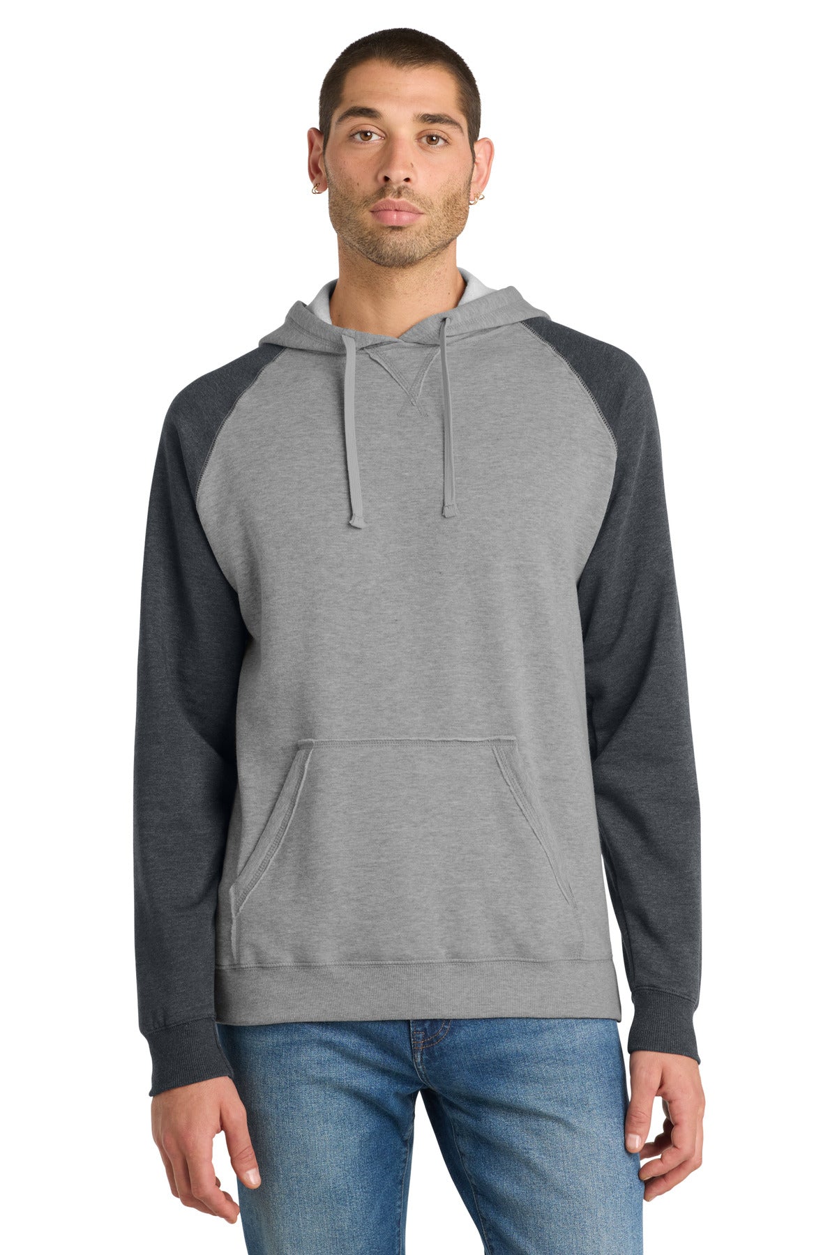 District Young Mens Lightweight Fleece Raglan Hoodie DT196 Heathered Grey/ Heathered Charcoal