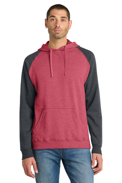 District Young Mens Lightweight Fleece Raglan Hoodie DT196 Heathered Red/ Heathered Charcoal