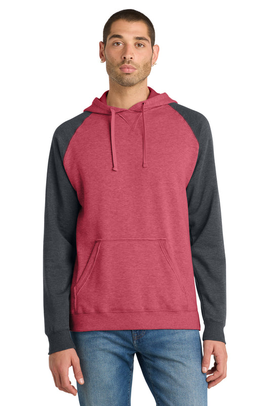 District Young Mens Lightweight Fleece Raglan Hoodie DT196 Heathered Red/ Heathered Charcoal