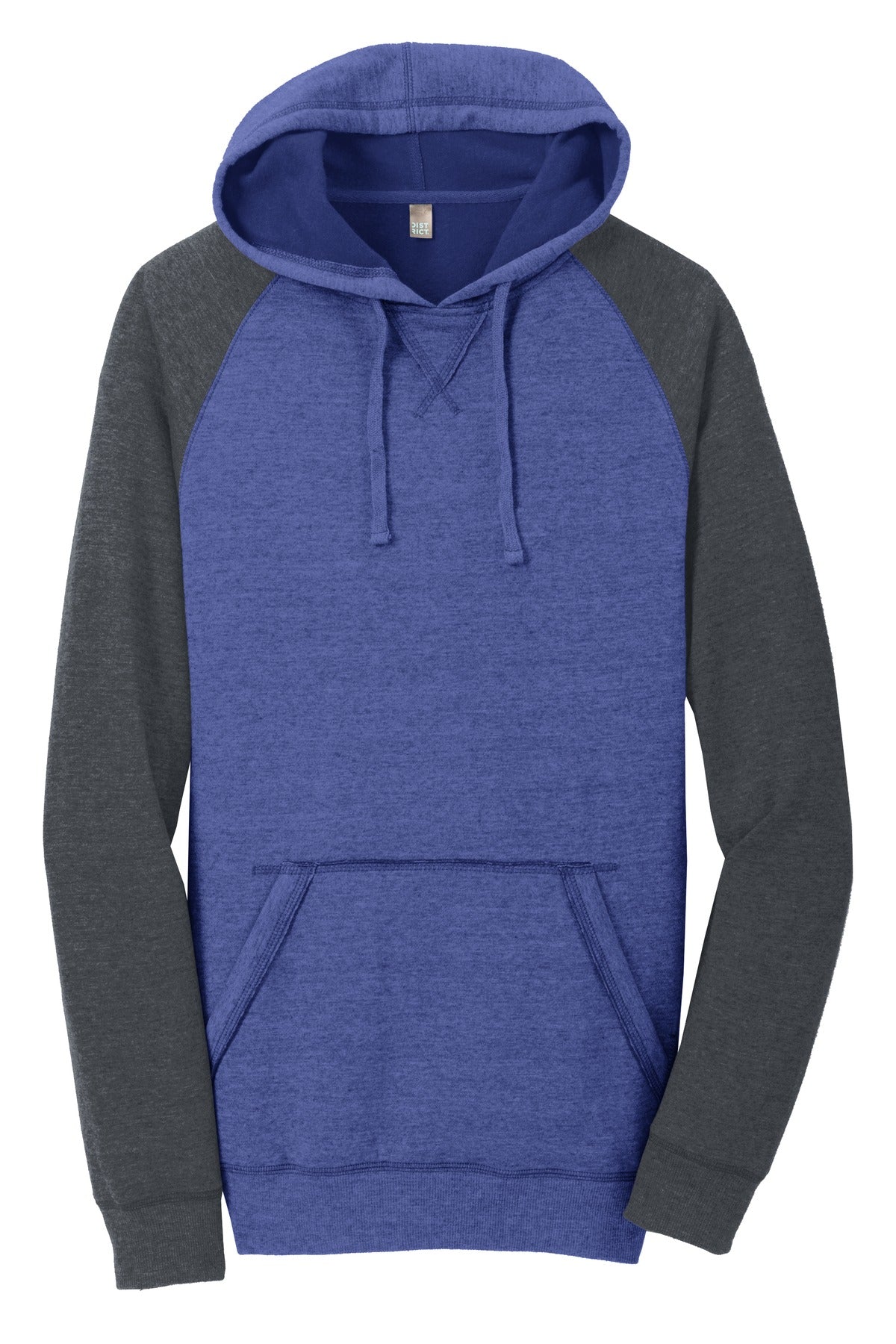 District Young Mens Lightweight Fleece Raglan Hoodie DT196 Heathered Deep Royal/ Heathered Charcoal