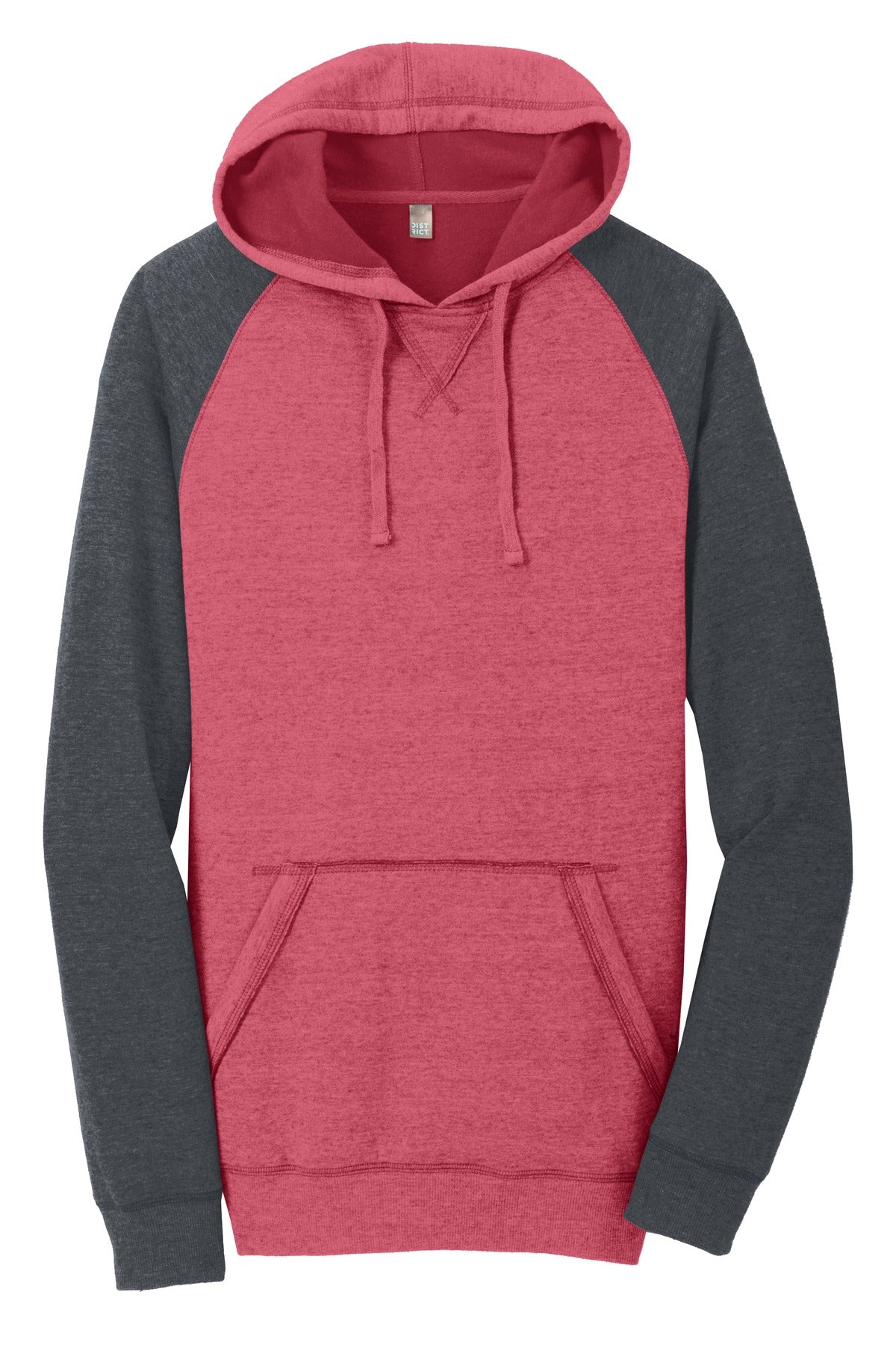 District Young Mens Lightweight Fleece Raglan Hoodie DT196 Heathered Red/ Heathered Charcoal