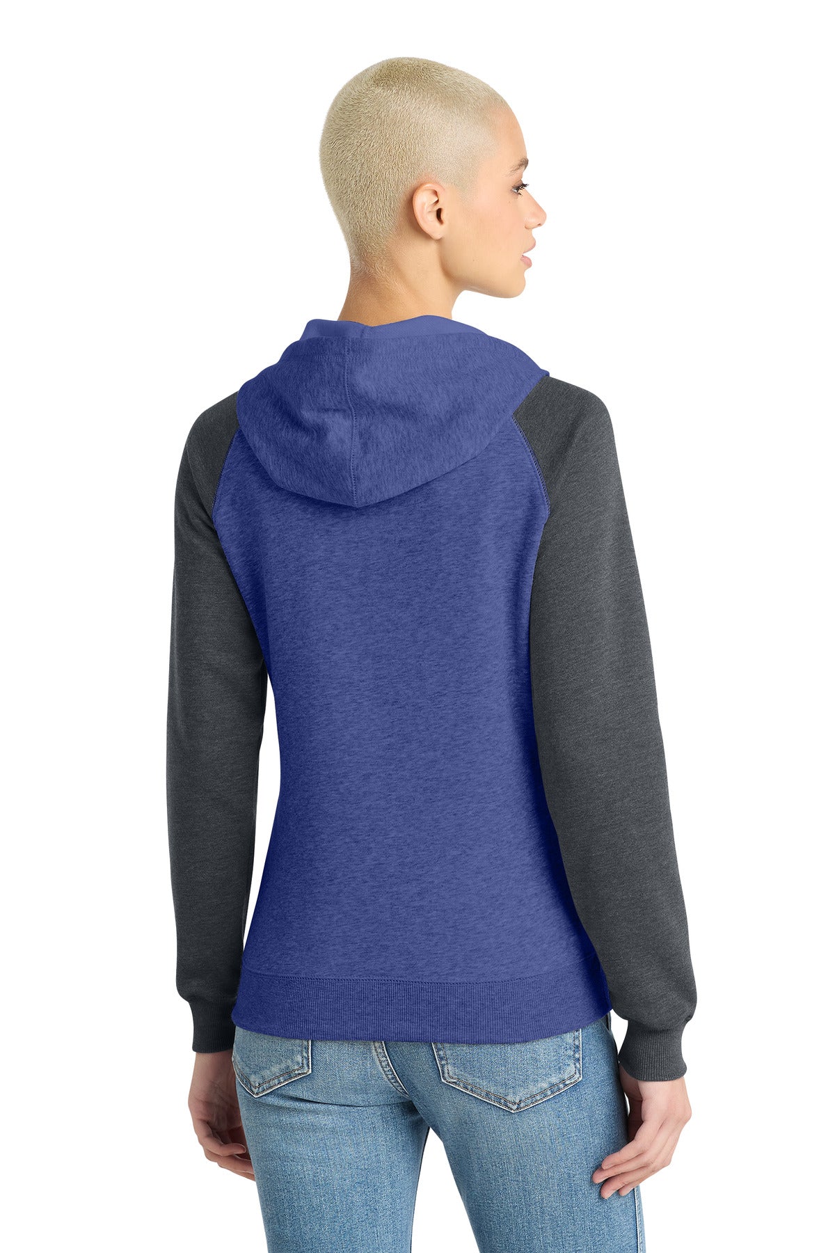 District Women's Lightweight Fleece Raglan Hoodie DT296 Heathered Deep Royal/ Heathered Charcoal