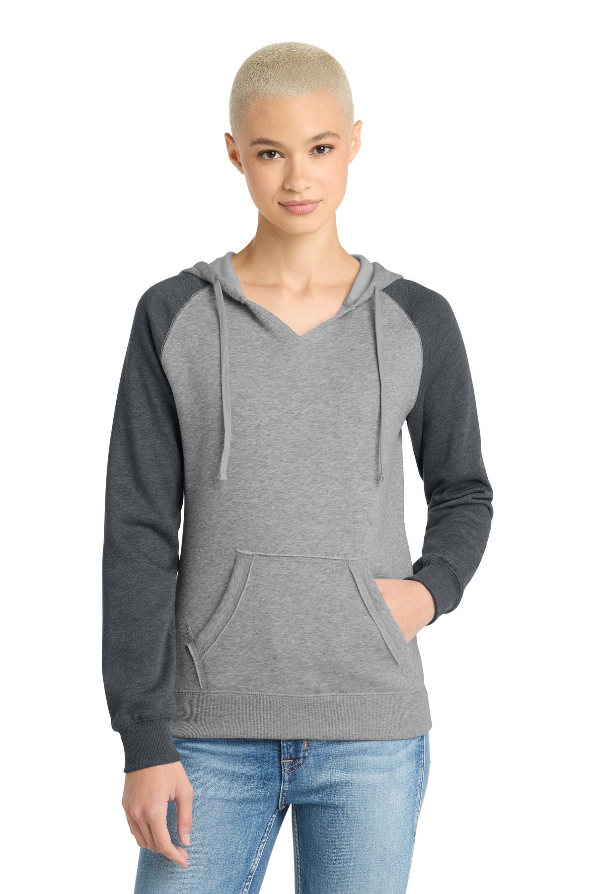 District Women's Lightweight Fleece Raglan Hoodie DT296 Heathered Grey/ Heathered Charcoal
