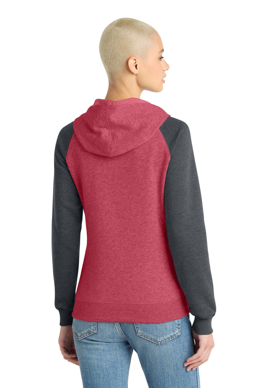 District Women's Lightweight Fleece Raglan Hoodie DT296 Heathered Red/ Heathered Charcoal