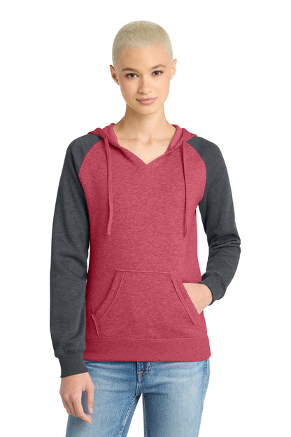 District Women's Lightweight Fleece Raglan Hoodie DT296 Heathered Red/ Heathered Charcoal