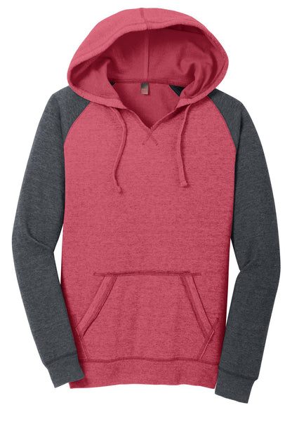 District Women's Lightweight Fleece Raglan Hoodie DT296 Heathered Red/ Heathered Charcoal