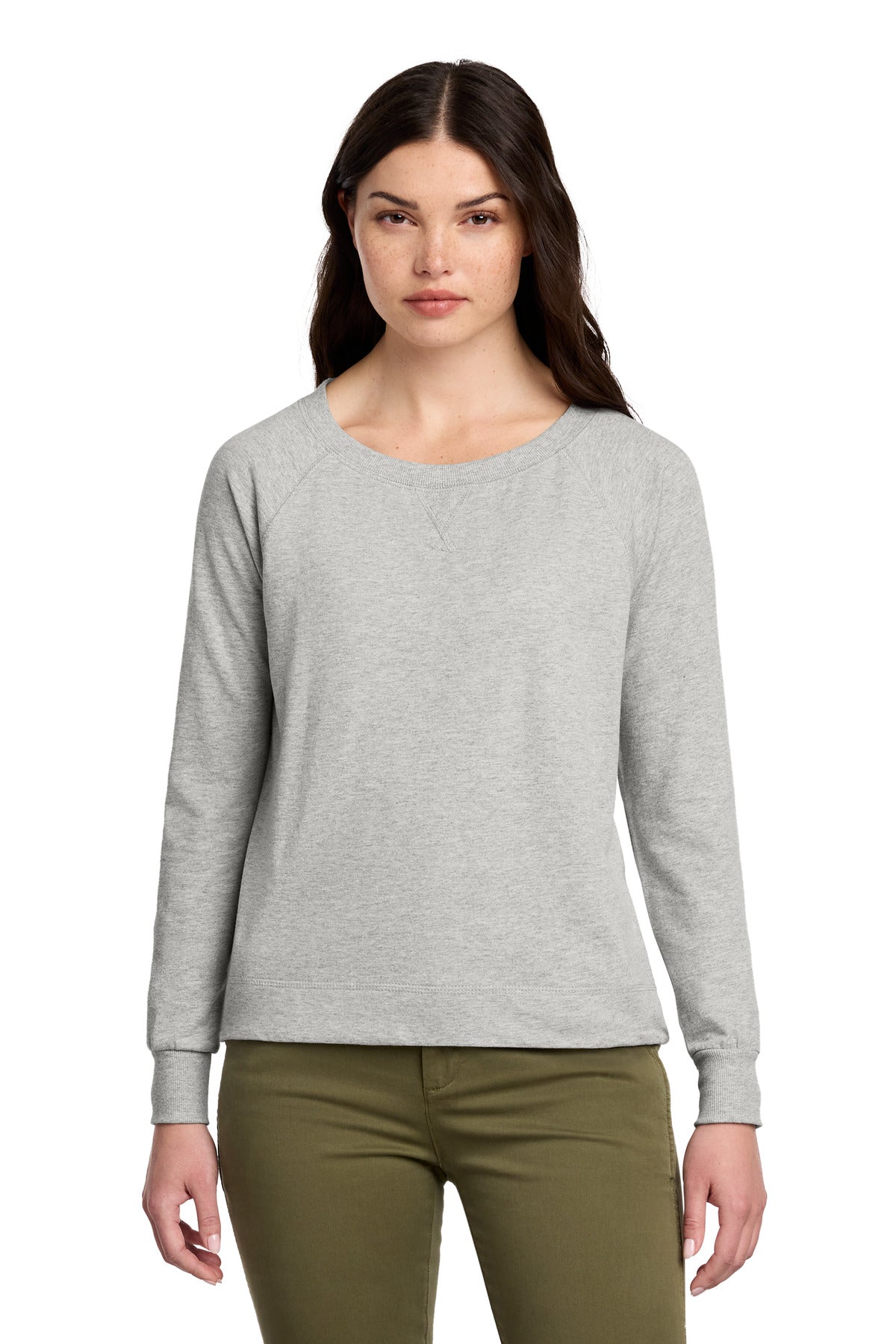 District Women's Featherweight French Terry Long Sleeve Crewneck DT672 Light Heather Grey
