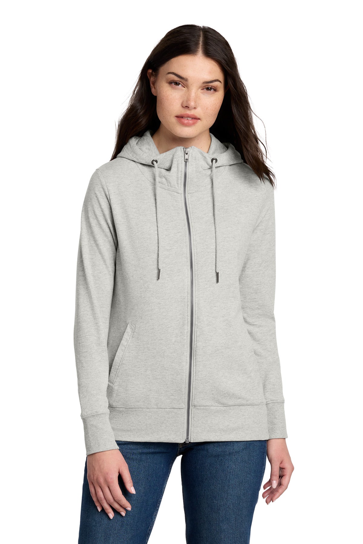 District Women's Featherweight French Terry Full-Zip Hoodie DT673 Light Heather Grey