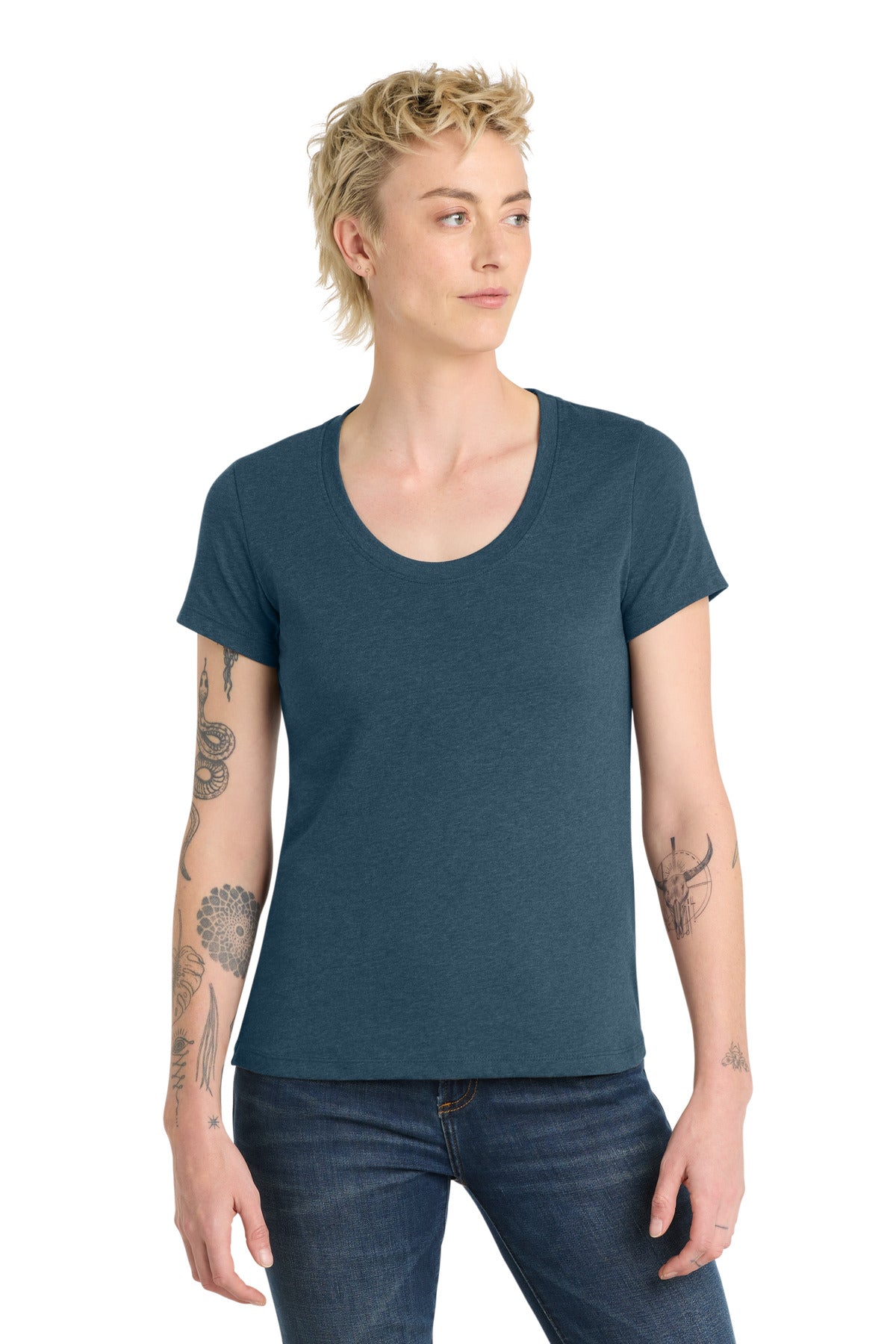 District Women's Flex Scoop Neck Tee DT7501 Heathered Neptune Blue
