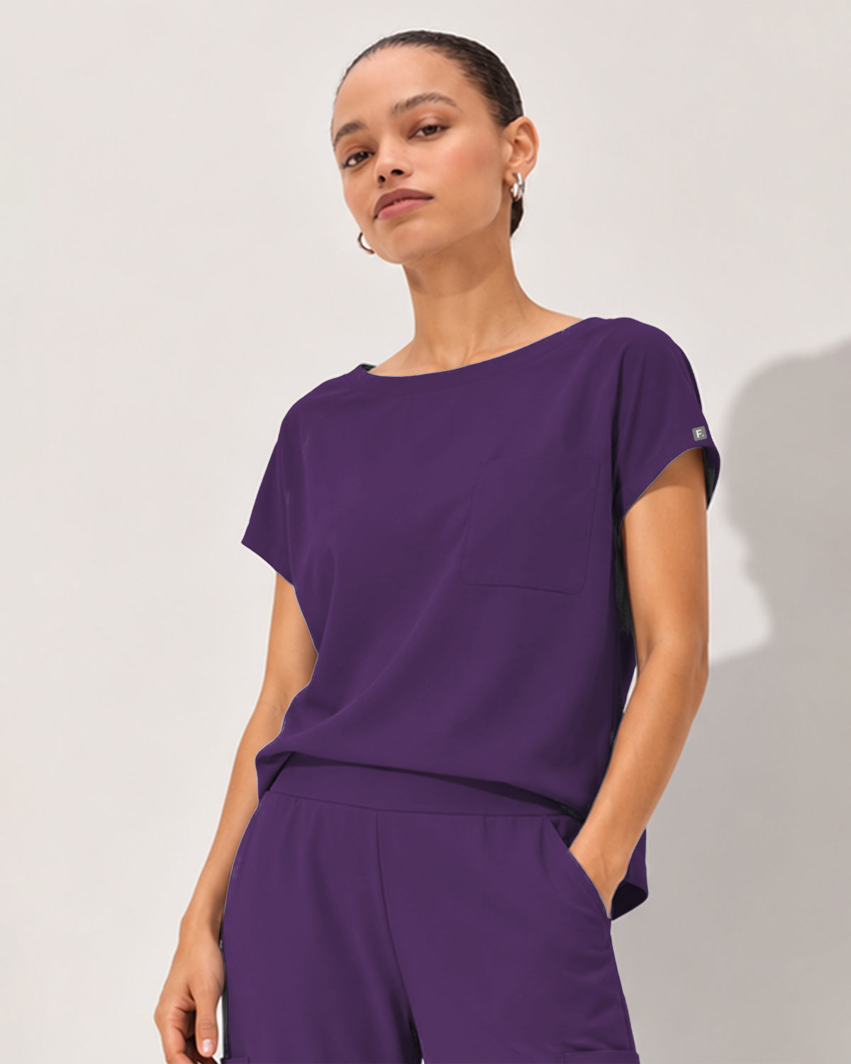 Foundry Women's 1215 Rowan 1 Pocket Boat Neck Dolman Top Eggplant