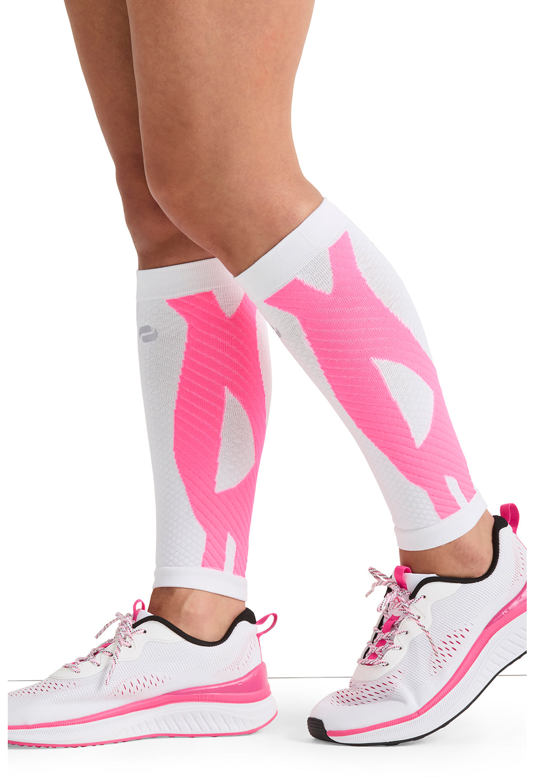 Infinity Legwear ELECTRIC Calf Sleeve 10-15 mmHg Compression White/Shocking Pink Model Image Right Side | Infinity Footwear