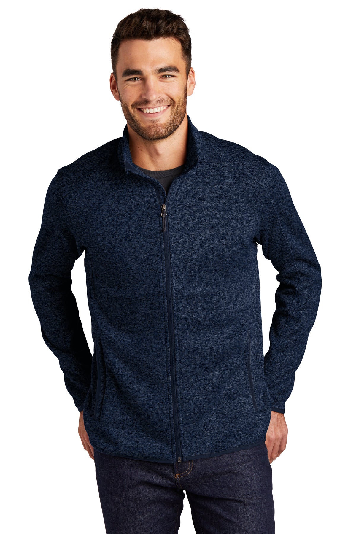 Port Authority Sweater Fleece Jacket. F232 River Blue Navy Heather