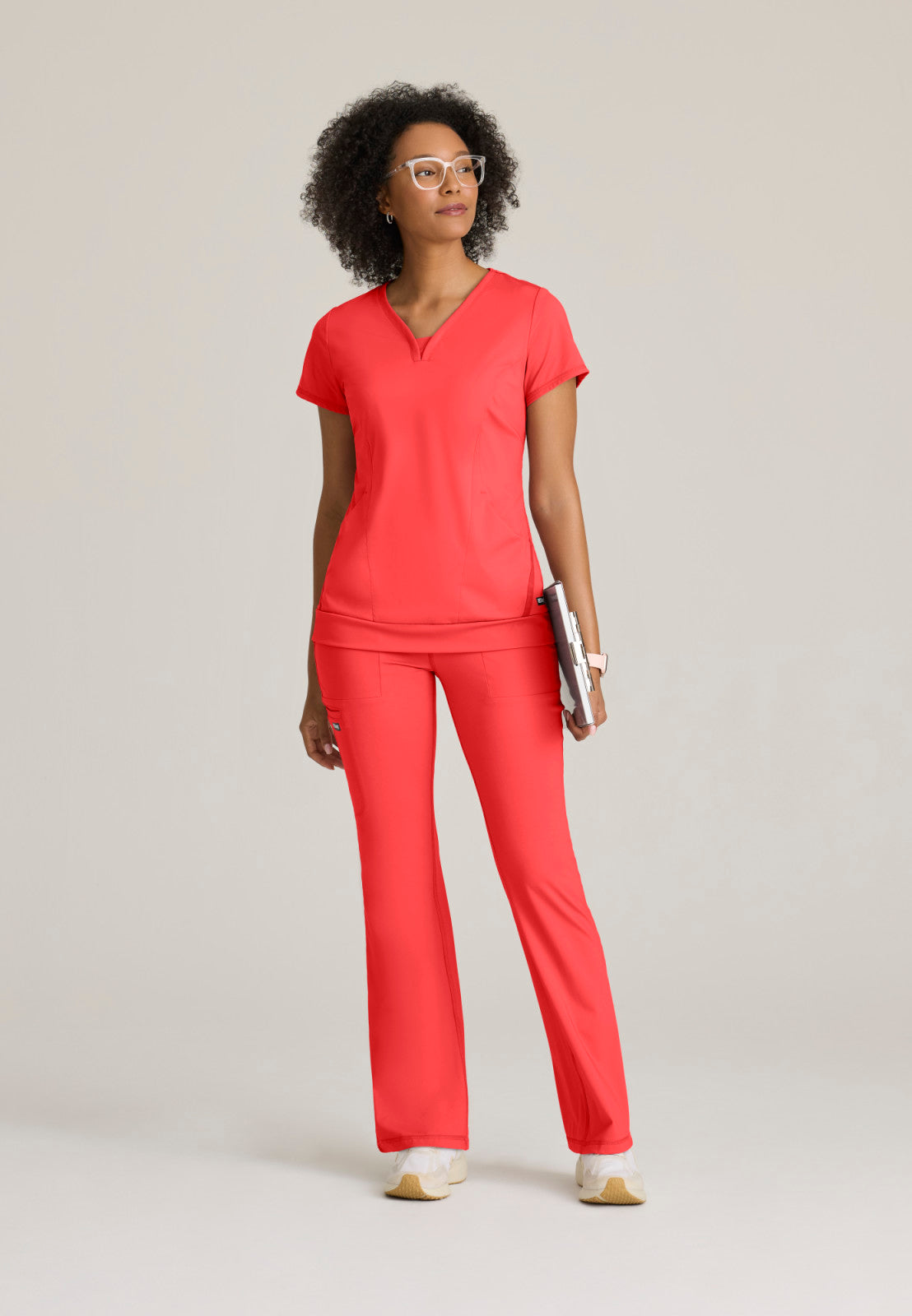 Greys Anatomy Knits GRST250 Motivate Knit Scrub Top Radiant Coral