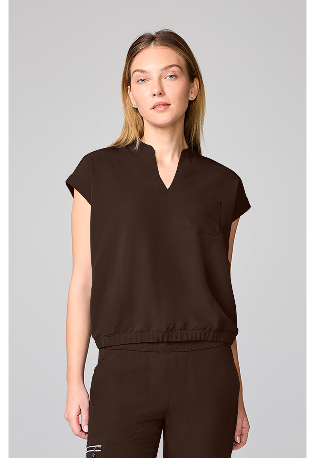 HH 360 HH00014 Women's Mandarin Collar Crop Scrub Top Dark Chocolate