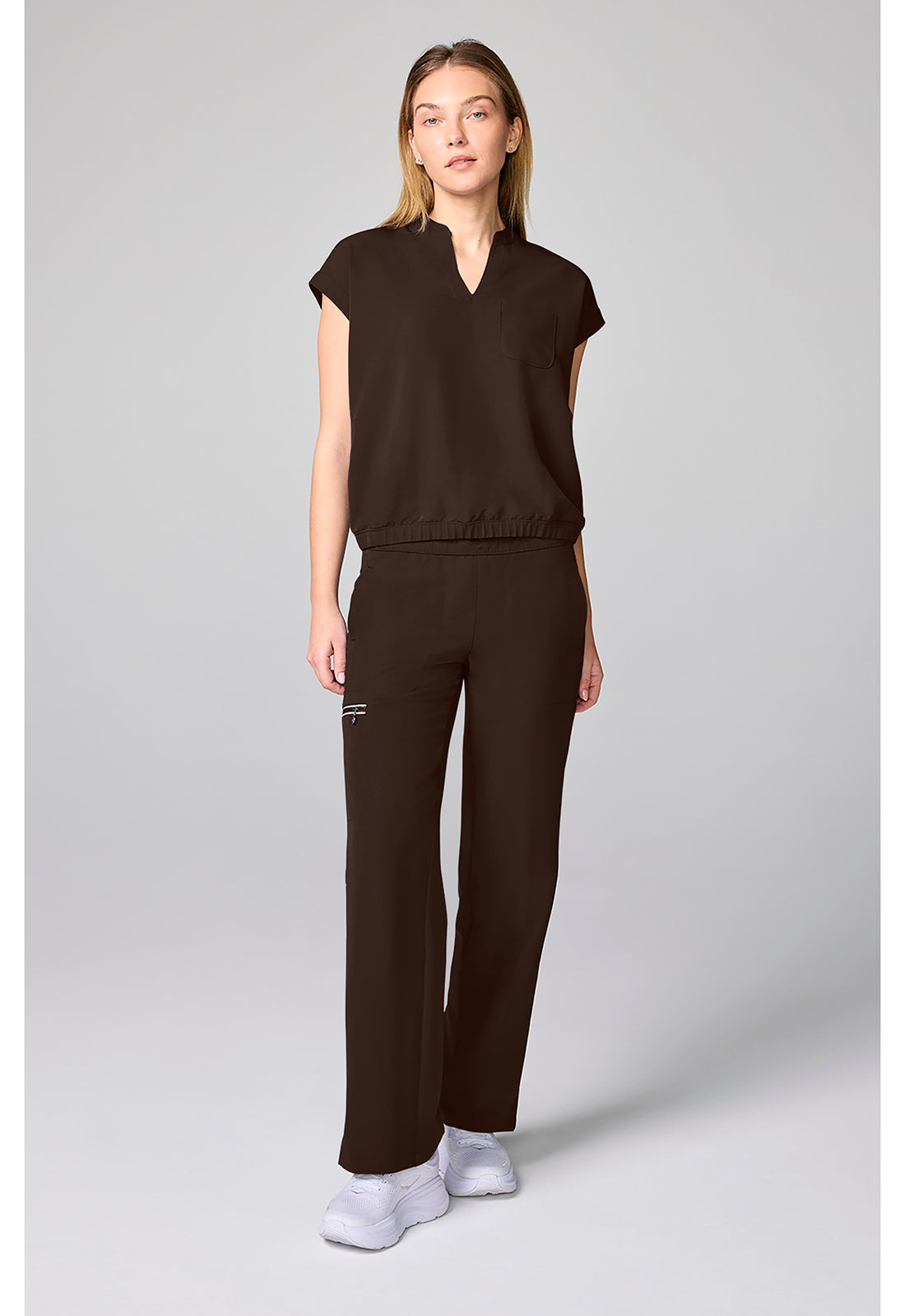 HH 360 HH00014 Women's Mandarin Collar Crop Scrub Top Dark Chocolate