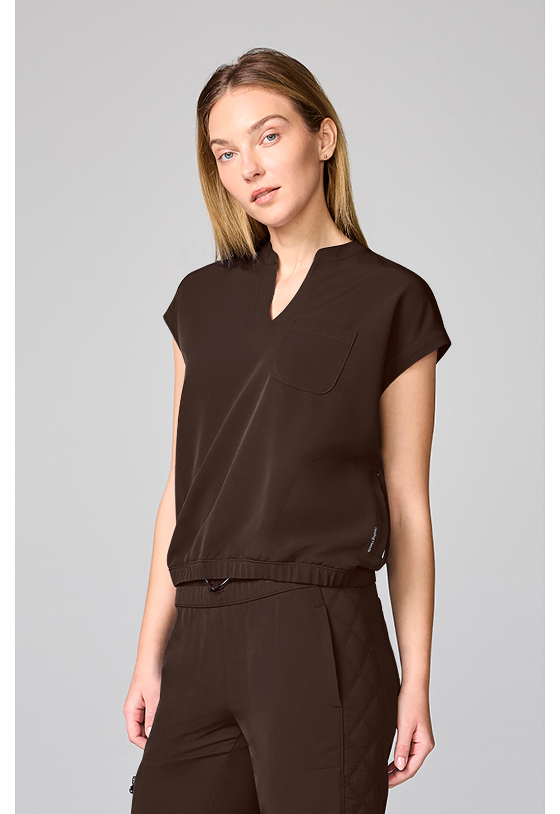 HH 360 HH00014 Women's Mandarin Collar Crop Scrub Top Dark Chocolate