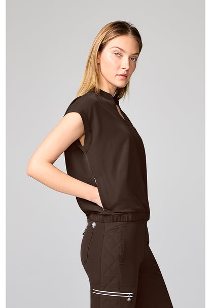 HH 360 HH00014 Women's Mandarin Collar Crop Scrub Top Dark Chocolate