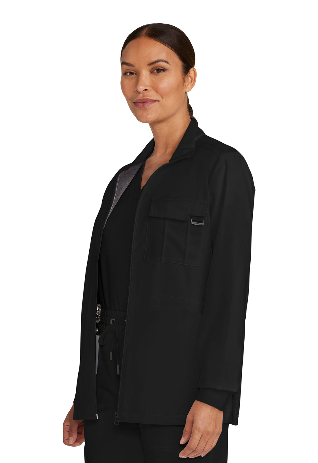 Healing Hands Model Image Women's Zip Front Utility Jacket In Color Black Image 2