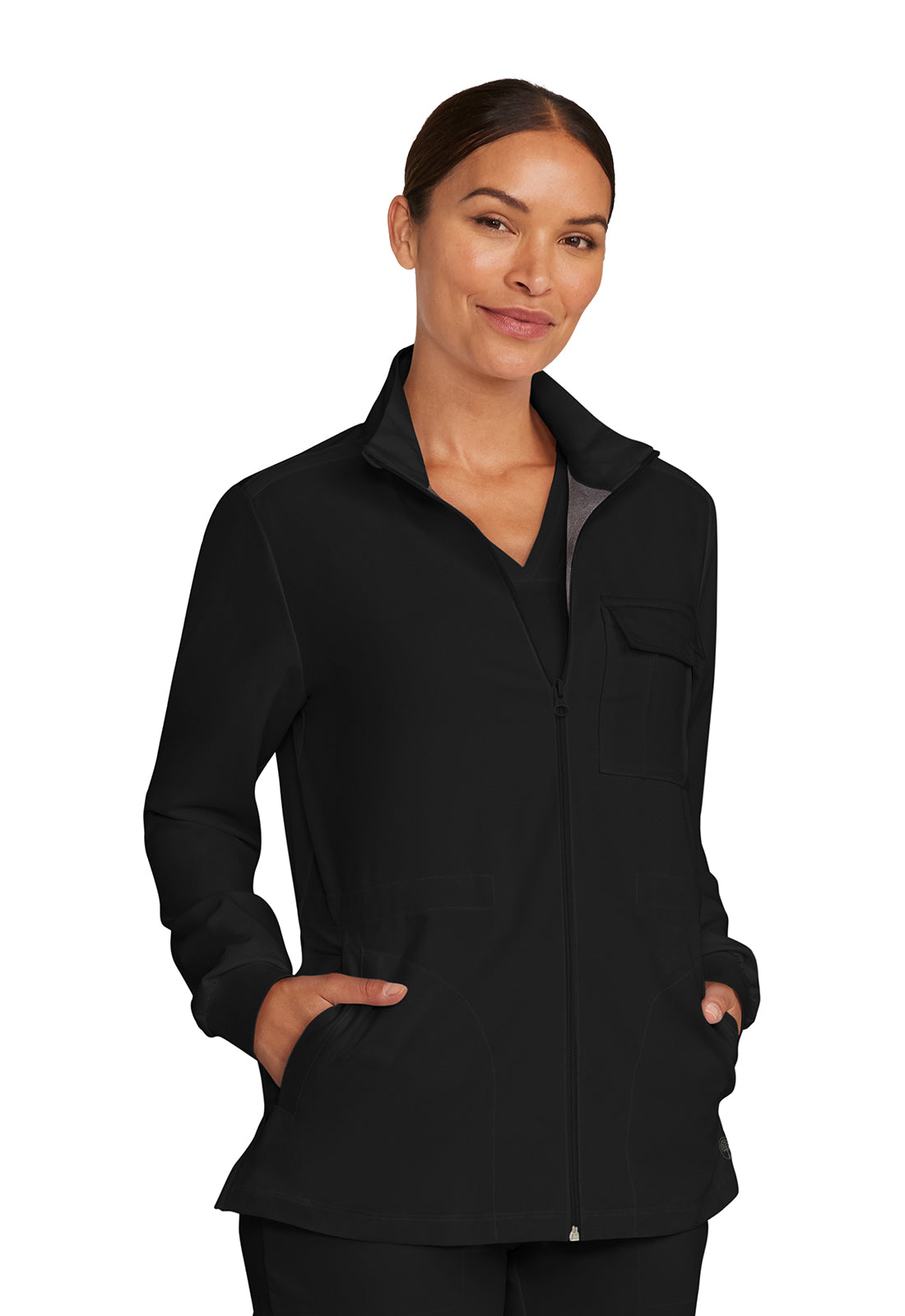 Healing Hands Model Image Women's Zip Front Utility Jacket In Color Black Image 4