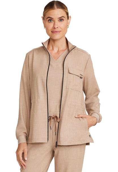 Healing Hands Model Image Women's Zip Front Utility Jacket In Color Desert Taupe Image 1