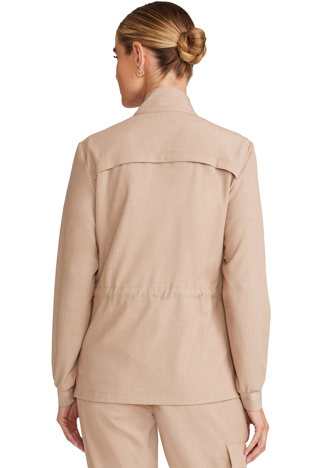 Healing Hands Model Image Women's Zip Front Utility Jacket In Color Desert Taupe Image 3