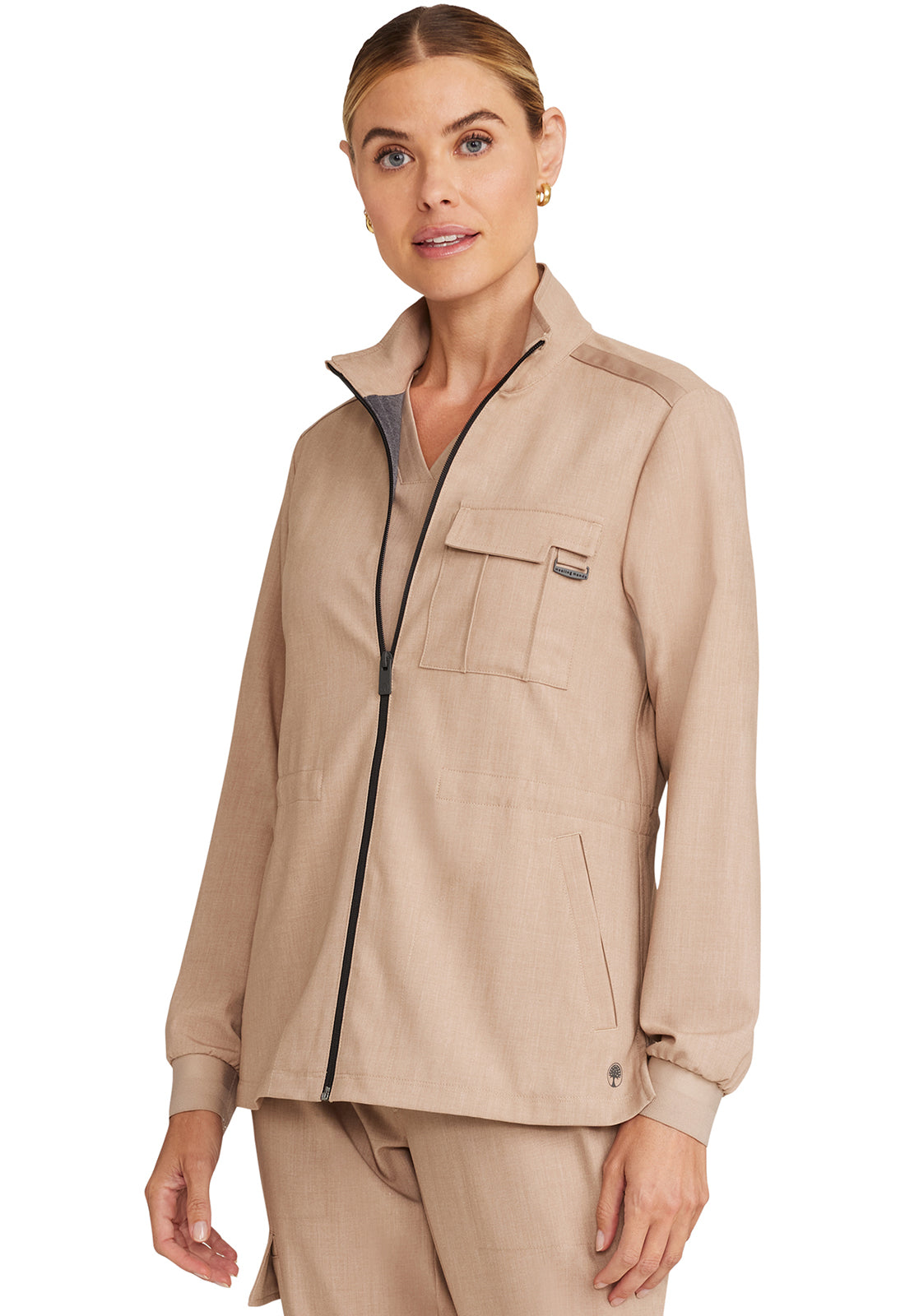 Healing Hands Model Image Women's Zip Front Utility Jacket In Color Desert Taupe Image 2