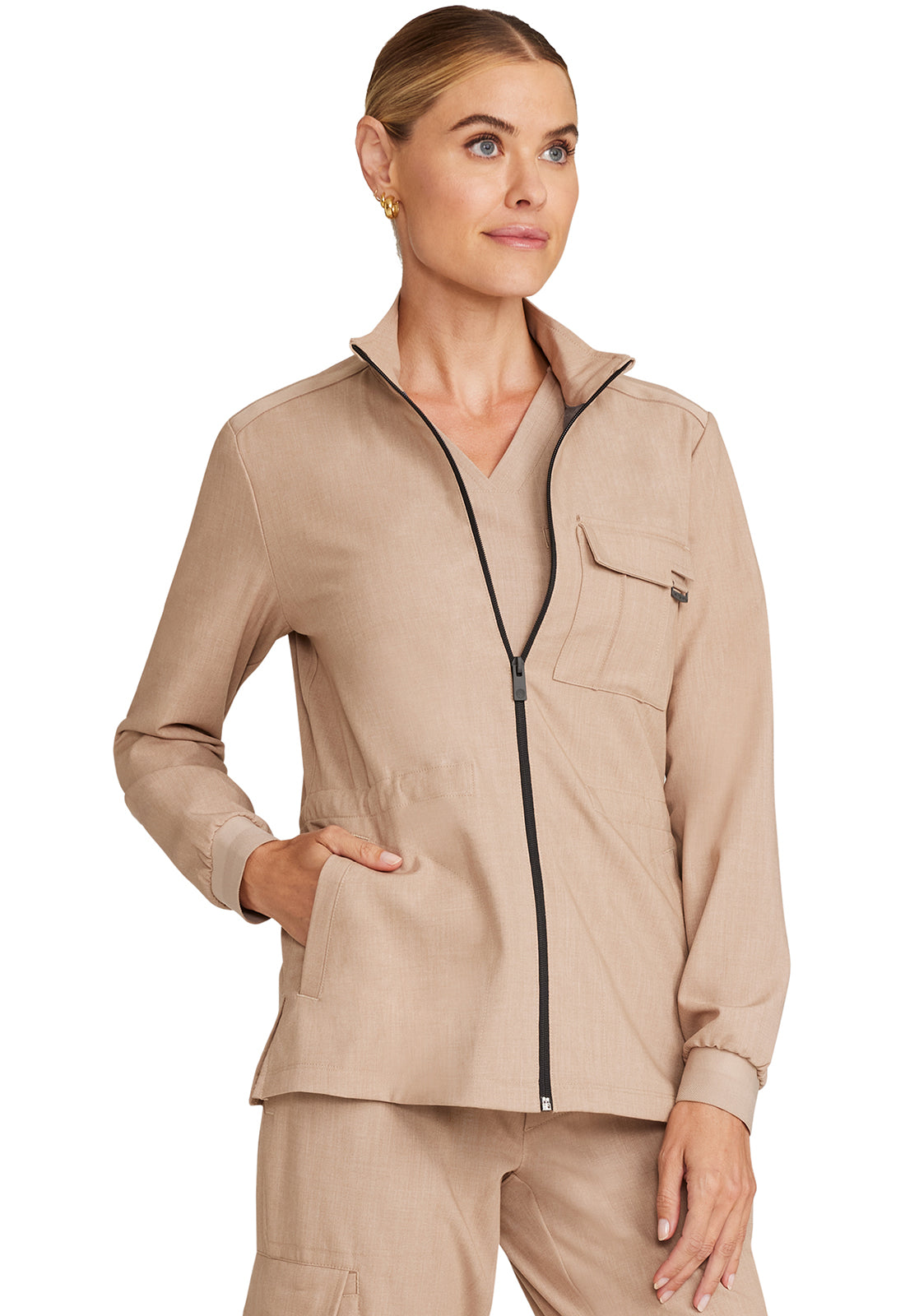 Healing Hands Model Image Women's Zip Front Utility Jacket In Color Desert Taupe Image 4