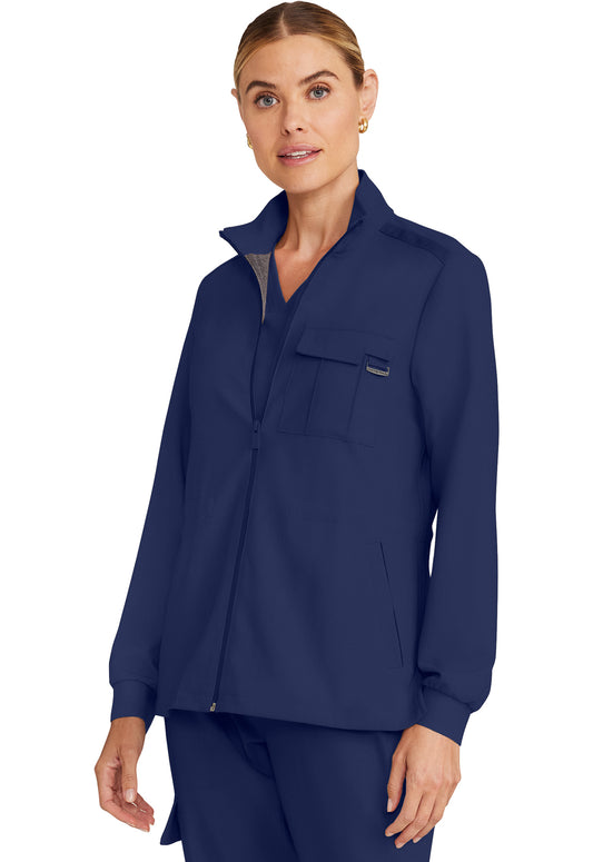 Healing Hands Model Image Women's Zip Front Utility Jacket In Color Navy Image 2