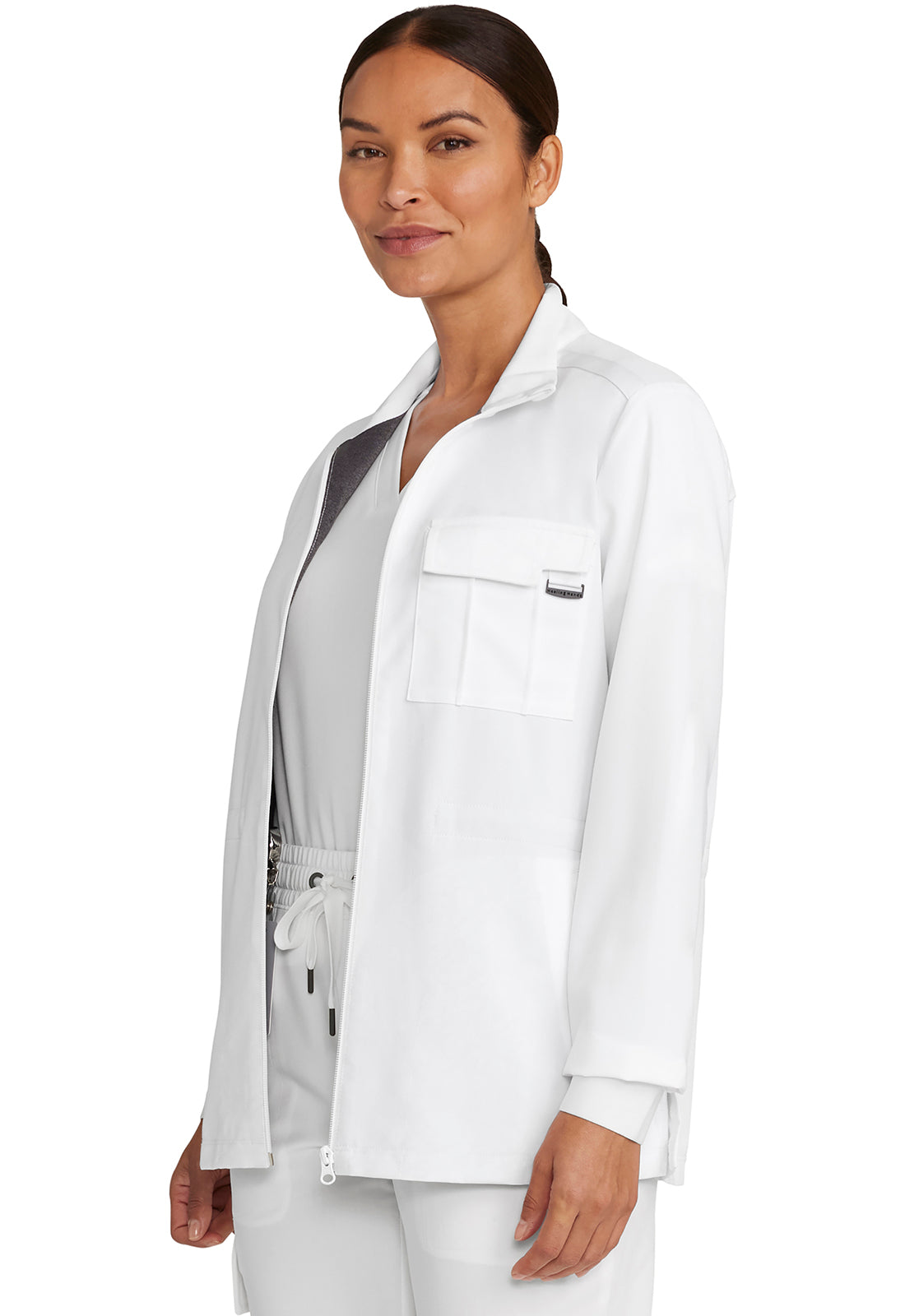 Healing Hands Model Image Women's Zip Front Utility Jacket In Color White Gardenia Image 2