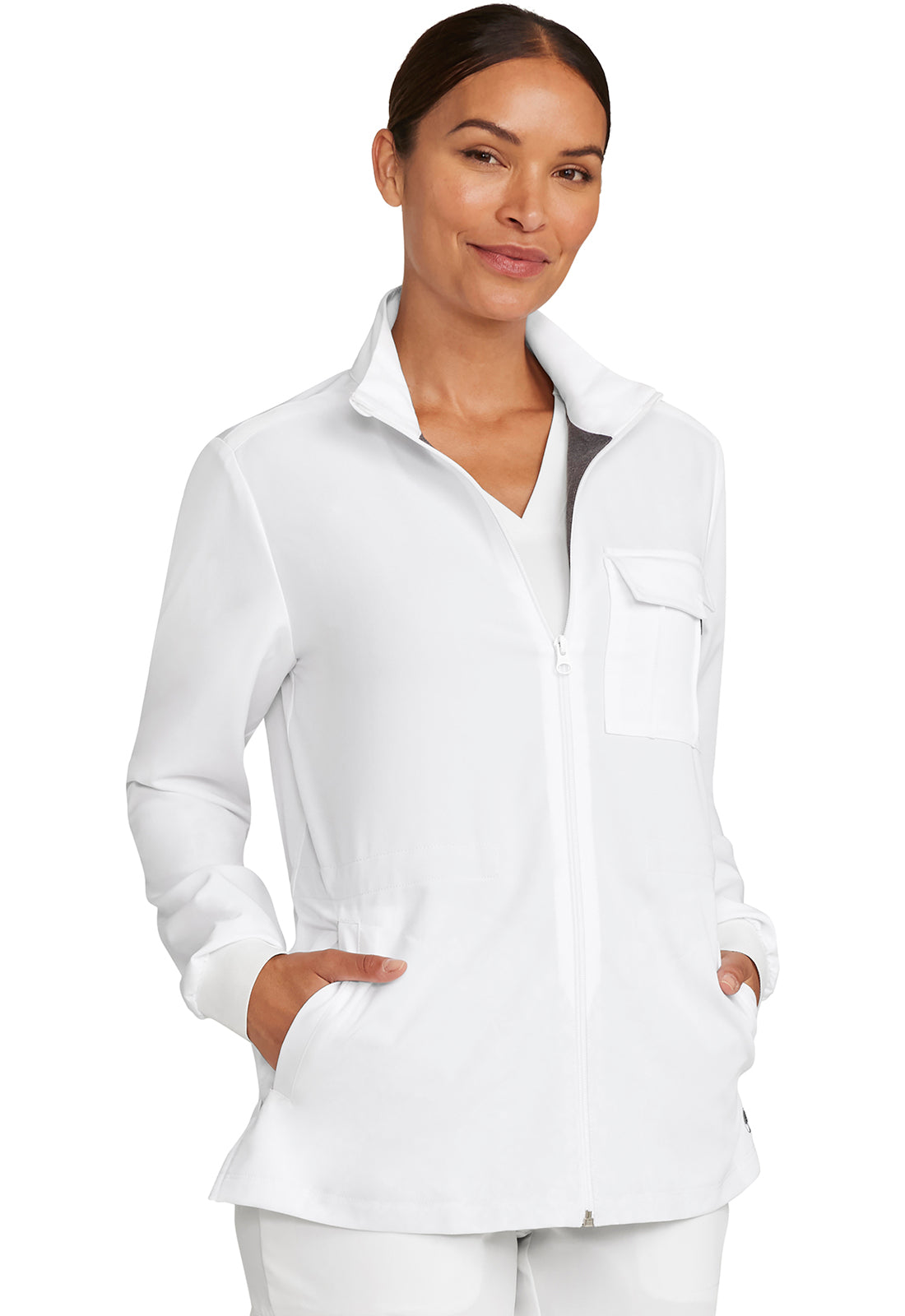 Healing Hands Model Image Women's Zip Front Utility Jacket In Color White Gardenia Image 4