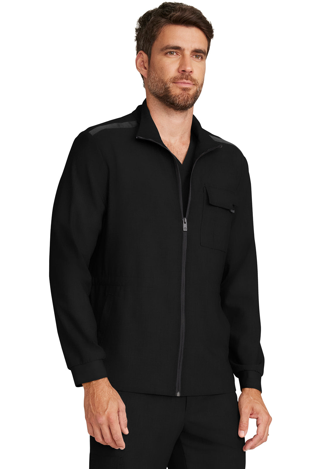 Healing Hands Model Image Men's Zip Front Utility Jacket In Color Black Image 4