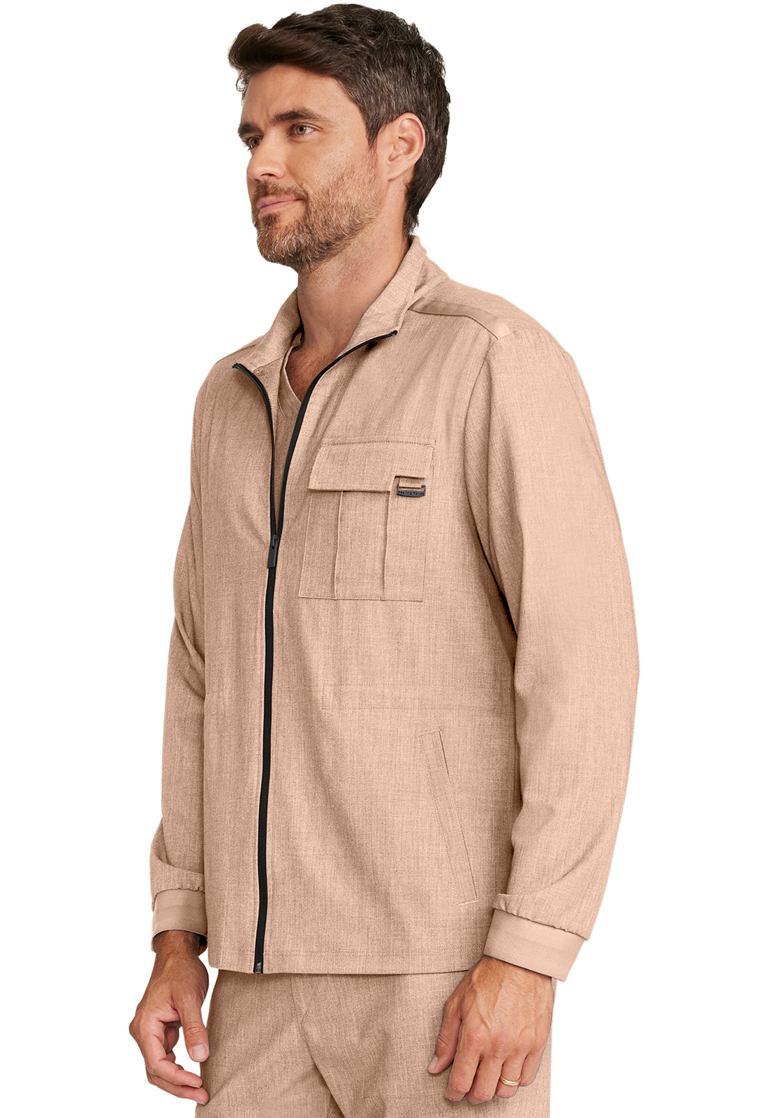 Healing Hands Model Image Men's Zip Front Utility Jacket In Color Desert Taupe Image 2