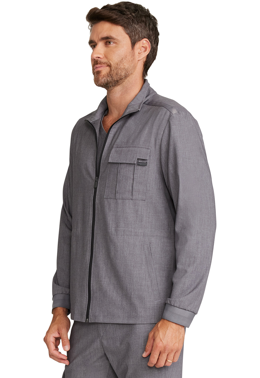 Healing Hands Model Image Men's Zip Front Utility Jacket In Color Heather Ash Image 2