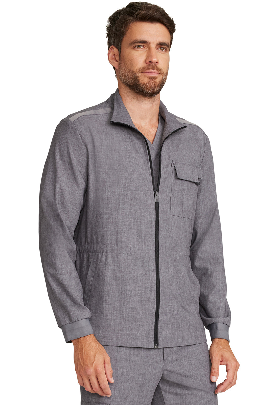 Healing Hands Model Image Men's Zip Front Utility Jacket In Color Heather Ash Image 4