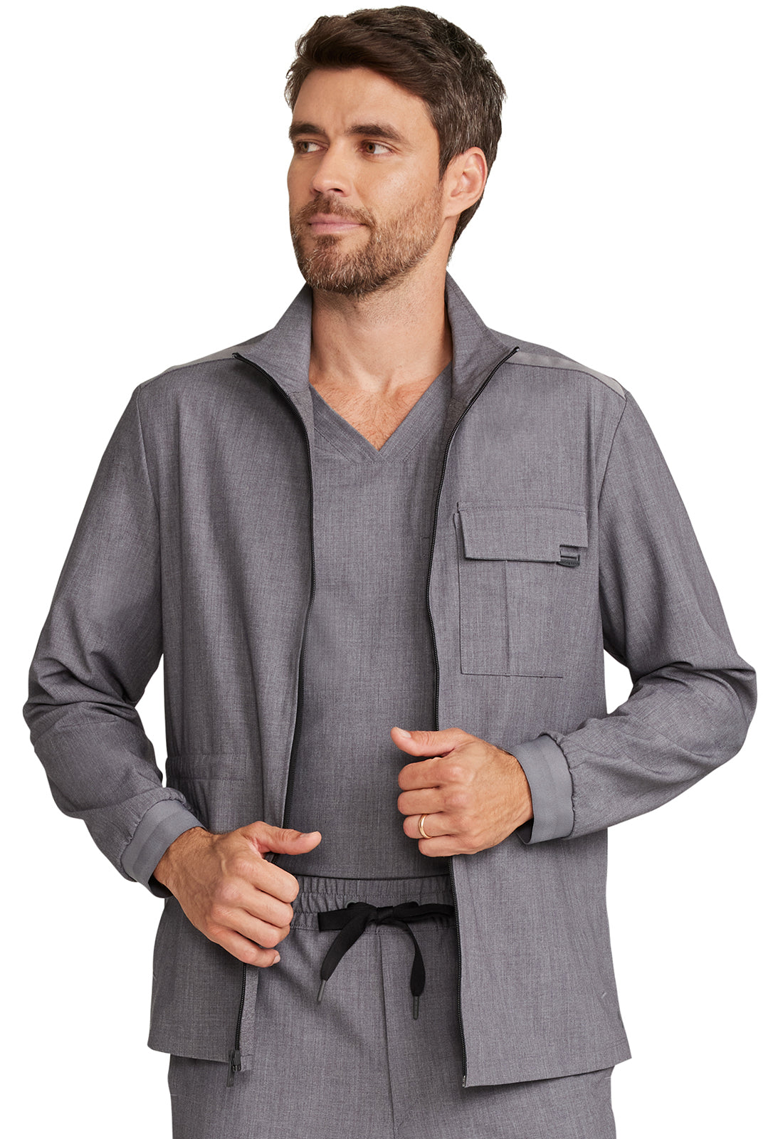 Healing Hands Model Image Men's Zip Front Utility Jacket In Color Heather Ash Image 1