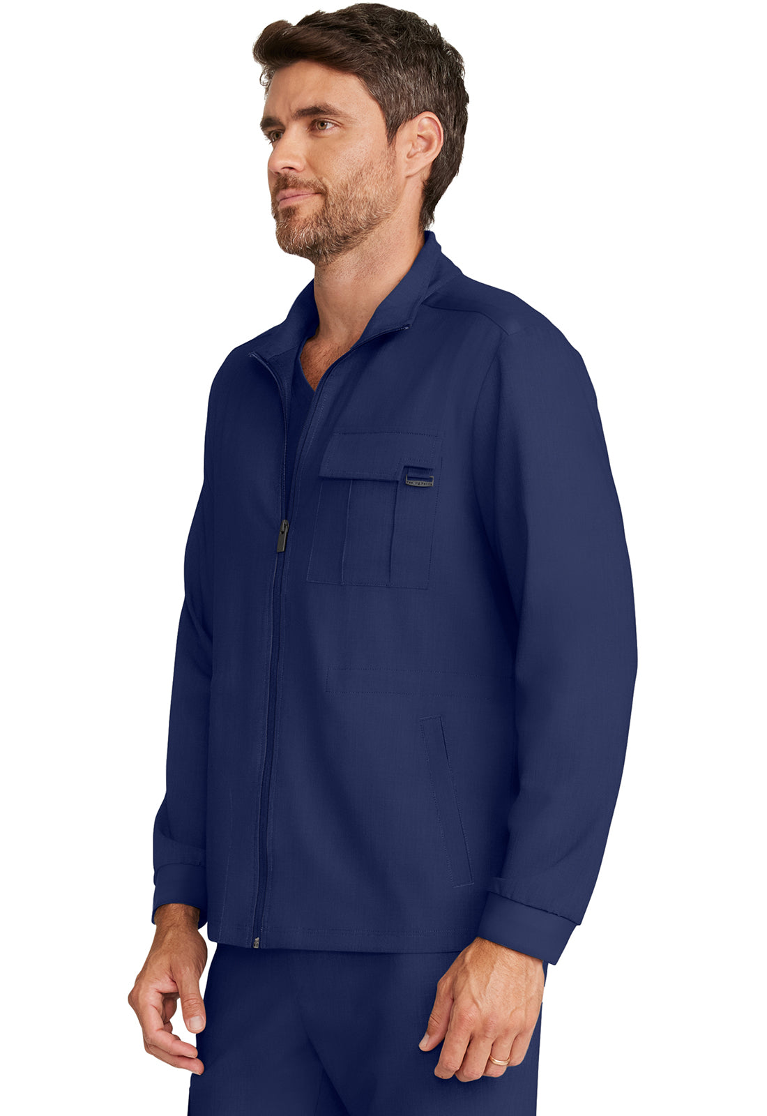 Healing Hands Model Image Men's Zip Front Utility Jacket In Color Navy Image 2