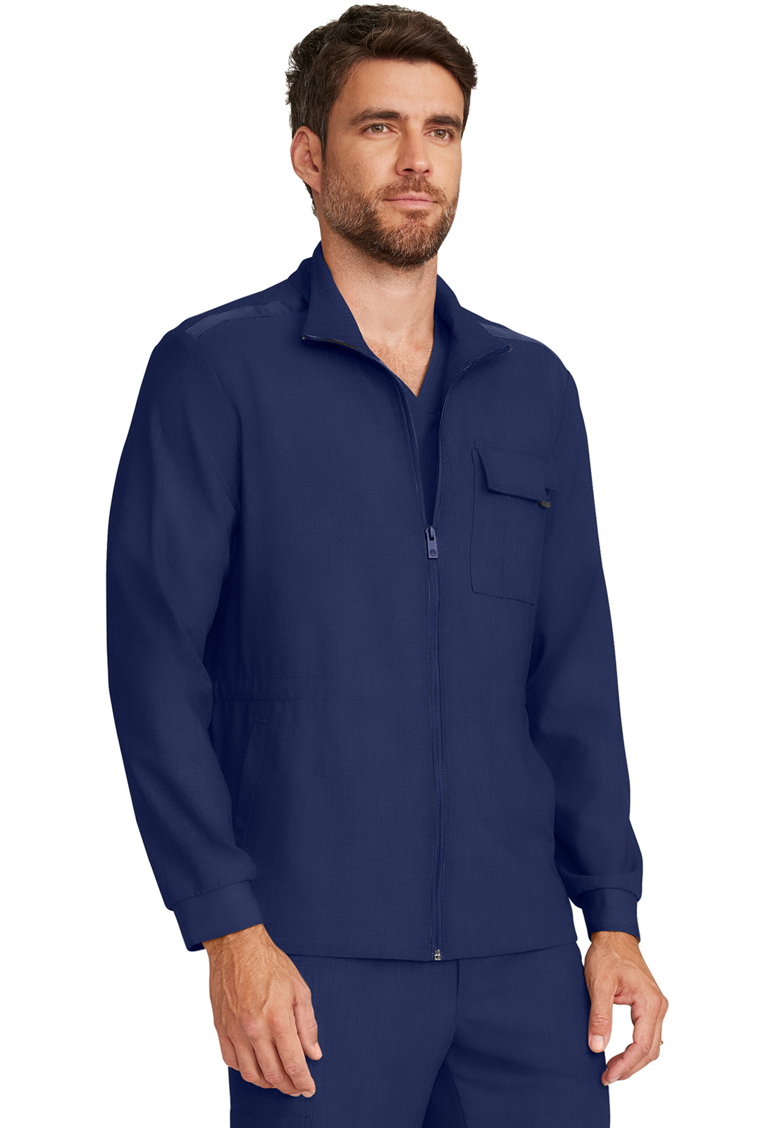 Healing Hands Model Image Men's Zip Front Utility Jacket In Color Navy Image 4