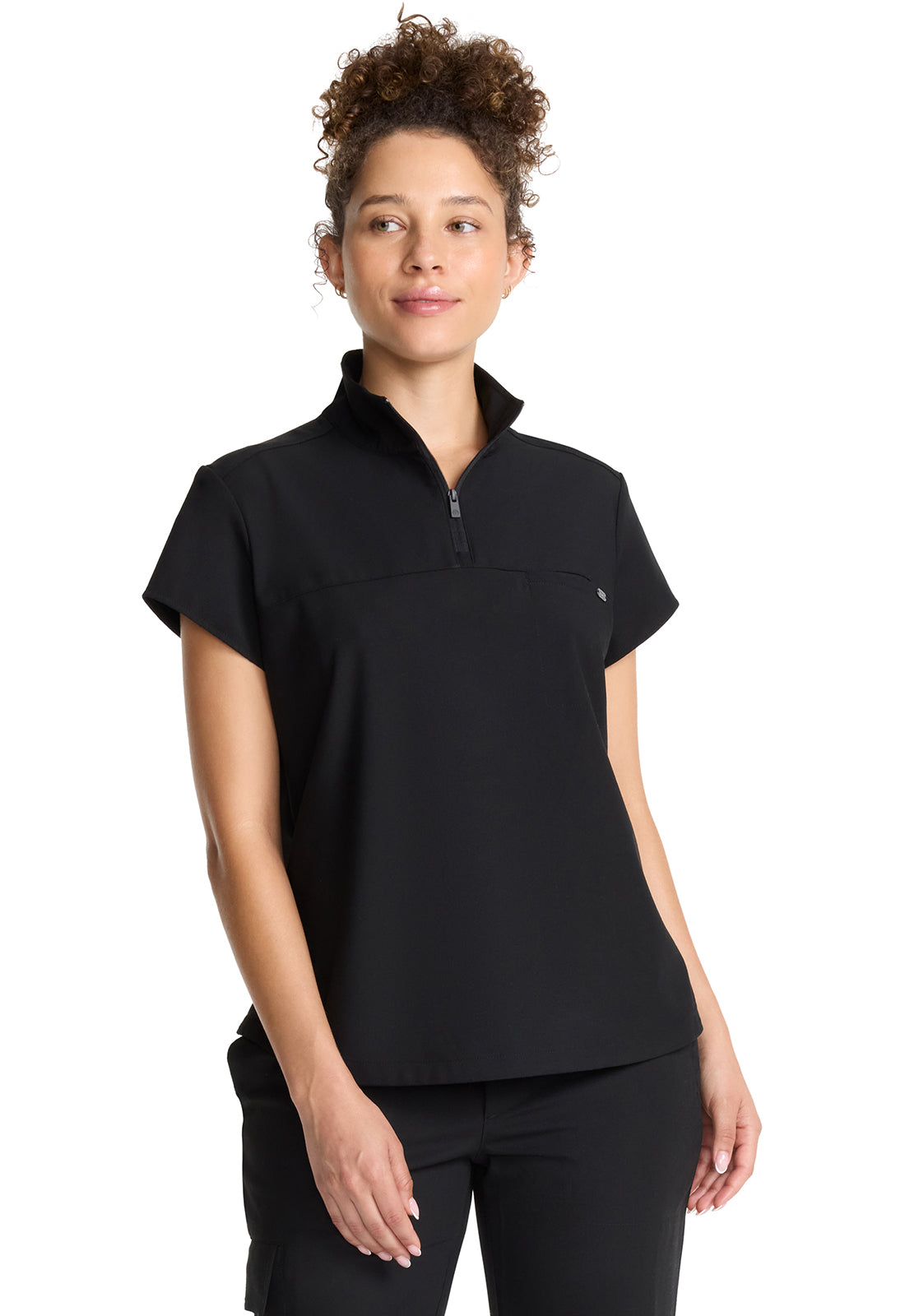 Healing Hands Model Image Women's Partial Zip Stand Collar Top In Color Black Image 4