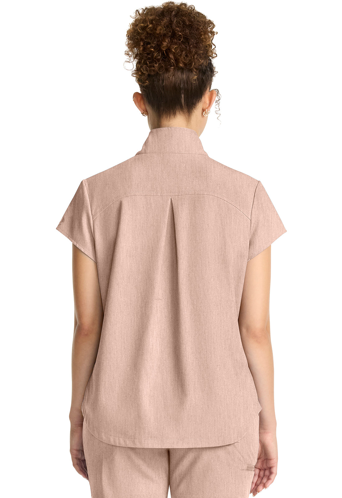 Healing Hands Model Image Women's Partial Zip Stand Collar Top In Color Desert Taupe Image 3