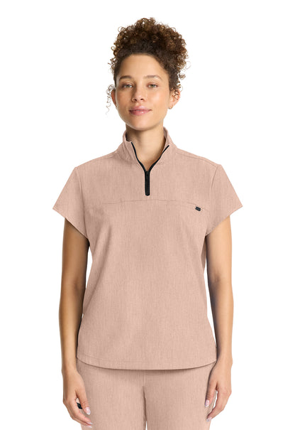 Healing Hands Model Image Women's Partial Zip Stand Collar Top In Color Desert Taupe Image 2