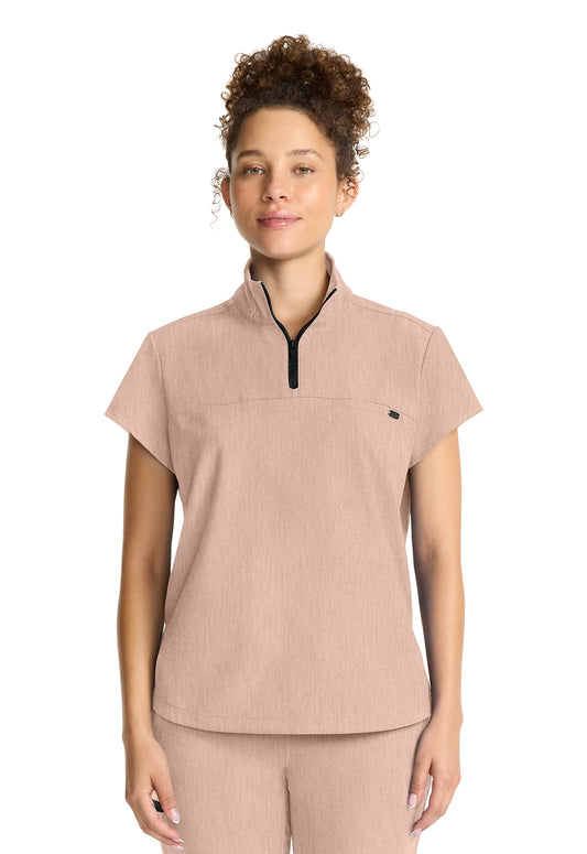 Healing Hands Model Image Women's Partial Zip Stand Collar Top In Color Desert Taupe Image 2