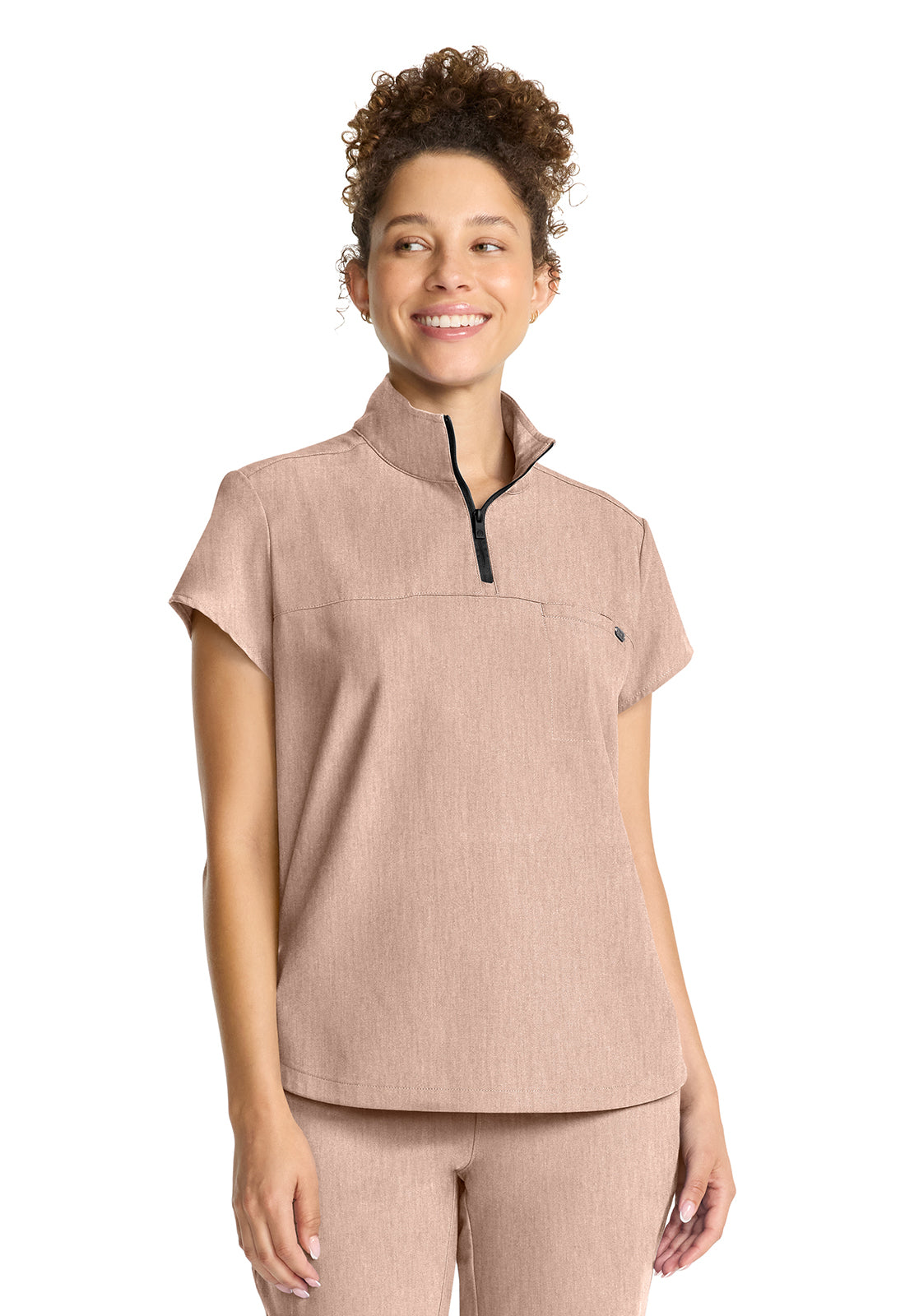 Healing Hands Model Image Women's Partial Zip Stand Collar Top In Color Desert Taupe Image 4