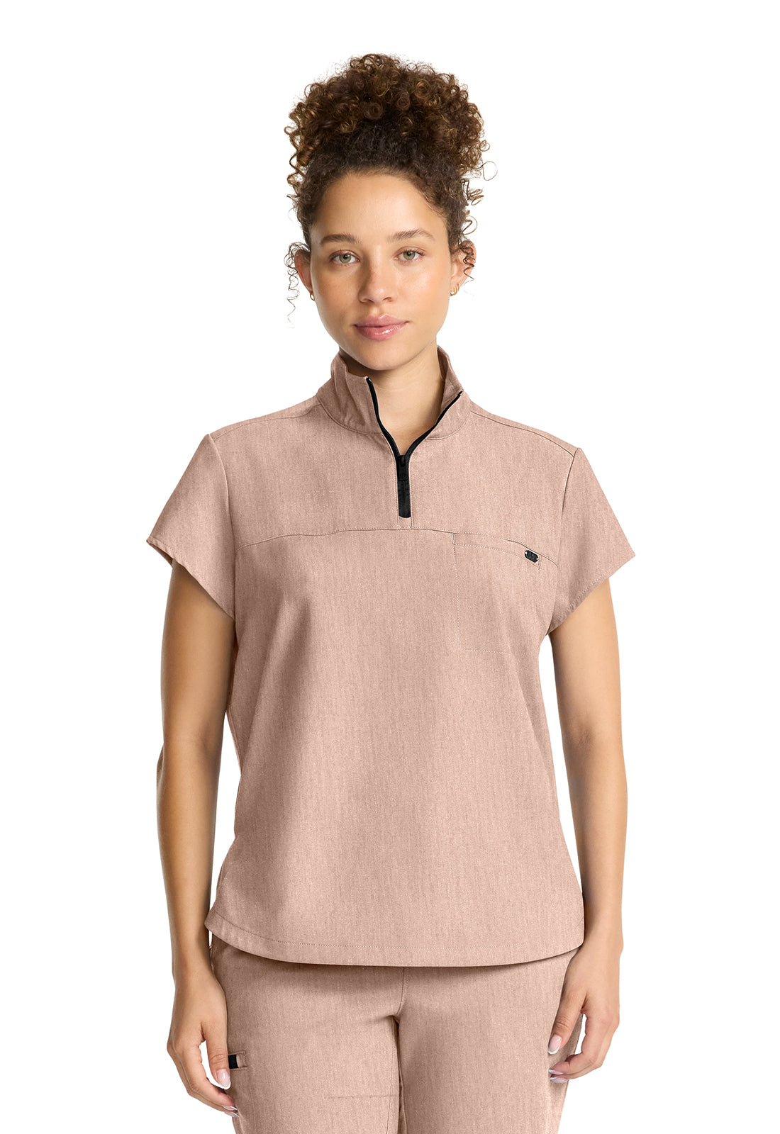 Healing Hands Model Image Women's Partial Zip Stand Collar Top In Color Desert Taupe Image 1